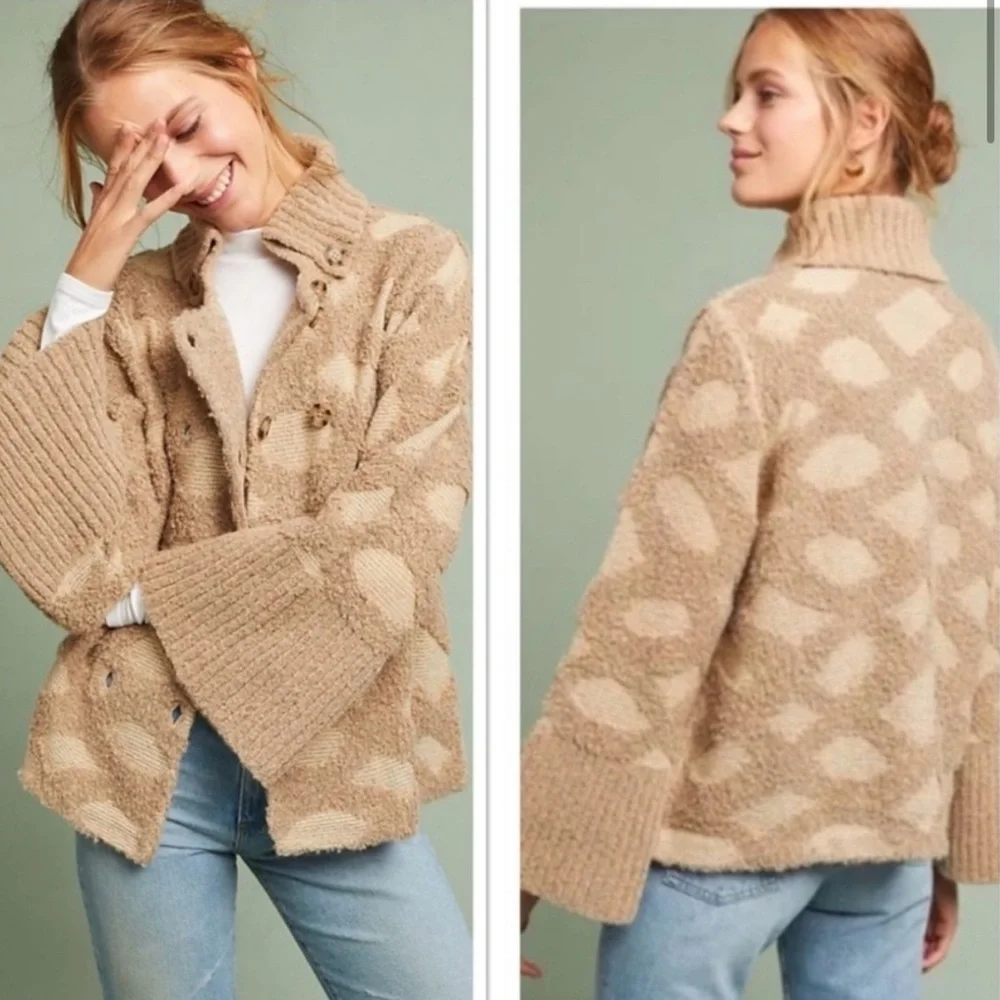 Anthropologie Tan Intarsia Spotted Cardigan by Rosie Meira | Size S | NWT - Picture 1 of 7